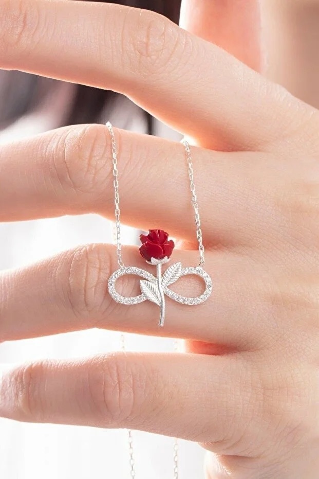 925 Sterling Silber Rote Rose Infinity-Halskette mit weißem Stein