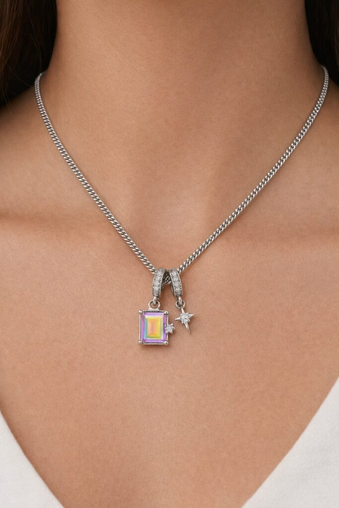 Collana con ciondolo baguette in acciaio inossidabile argento per donne