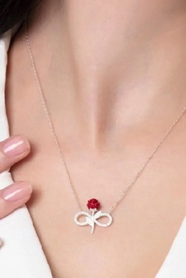925 Sterling Silber Rote Rose Infinity-Halskette mit weißem Stein – Bild 2