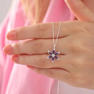 925 Sterling Silver Lotus Camellia Necklace With Amethyst Teardrop Stone