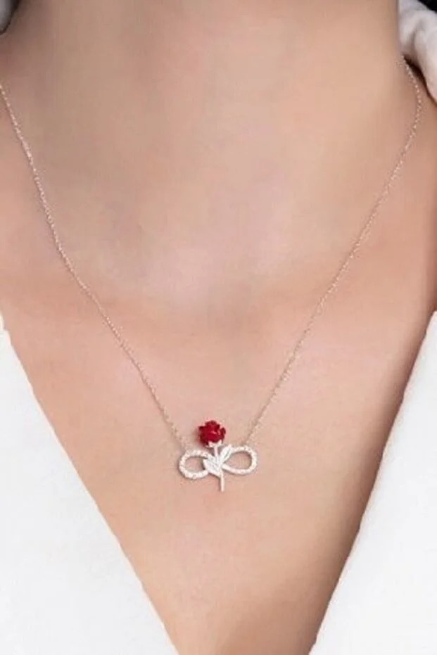 925 Sterling Silber Rote Rose Infinity-Halskette mit weißem Stein – Bild 3