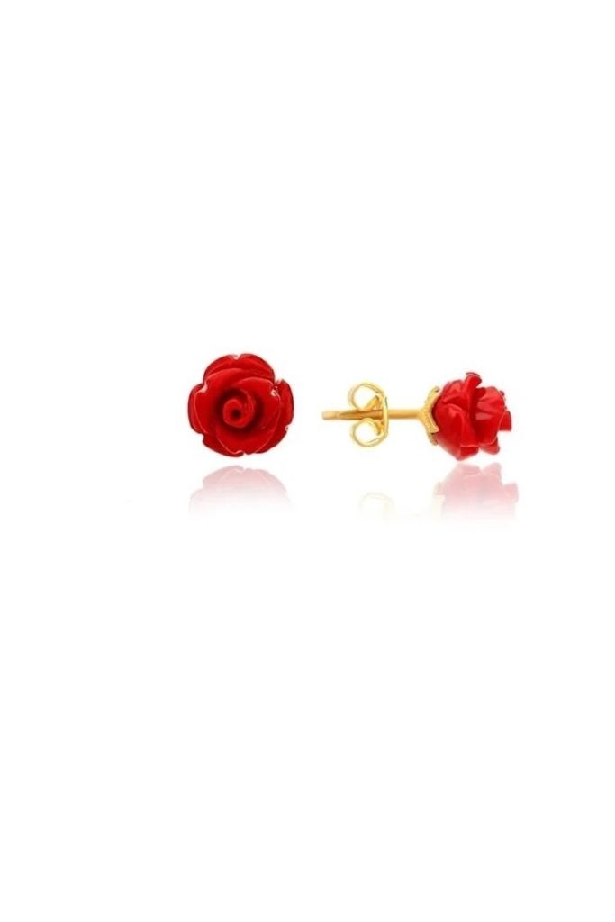 Orecchini da donna a forma di rosa rossa in argento sterling 925 placcato oro