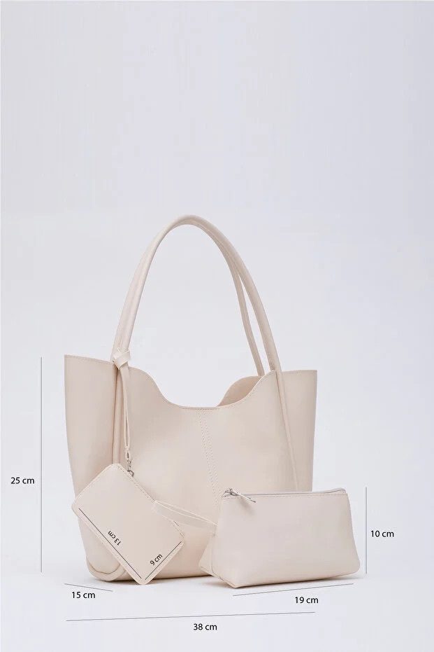 Bolso de mano y hombro para mujer SHK108 de cuero sintético color crema con cartera y bolsa de maquillaje - Imagen 2