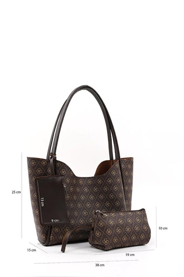 Monogram Brown SHK108 Bolso de Mano y Hombro de Cuero Sintético para Mujer con Cartera y Bolsa de Maquillaje